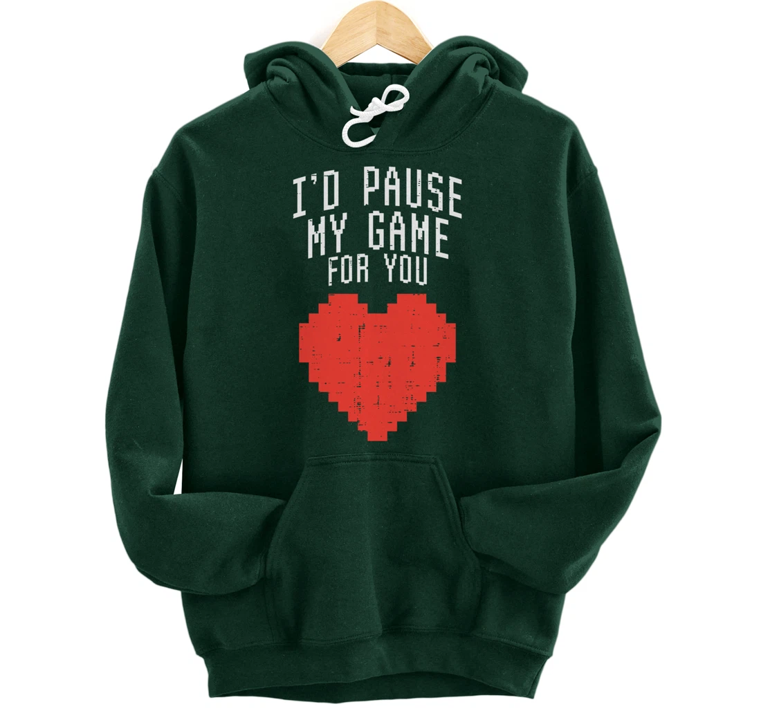 Id Pause My Game For You Pixel Heart Mens Valentines Day Boy Pullover Hoodie