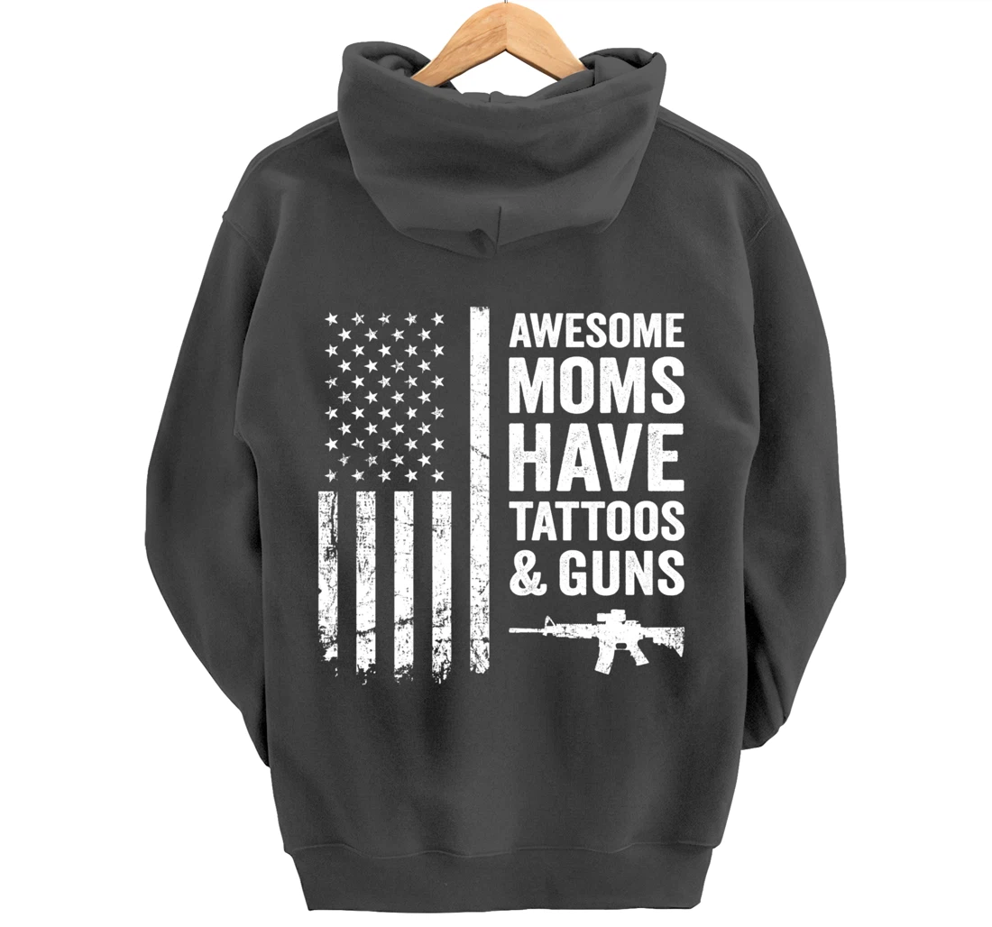 Awesome Moms Have Tattoos & Guns - Womens Tattoo USA Flag Pullover Hoodie