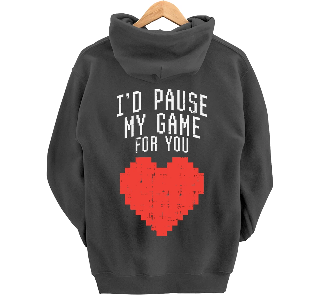 Id Pause My Game For You Pixel Heart Mens Valentines Day Boy Pullover Hoodie