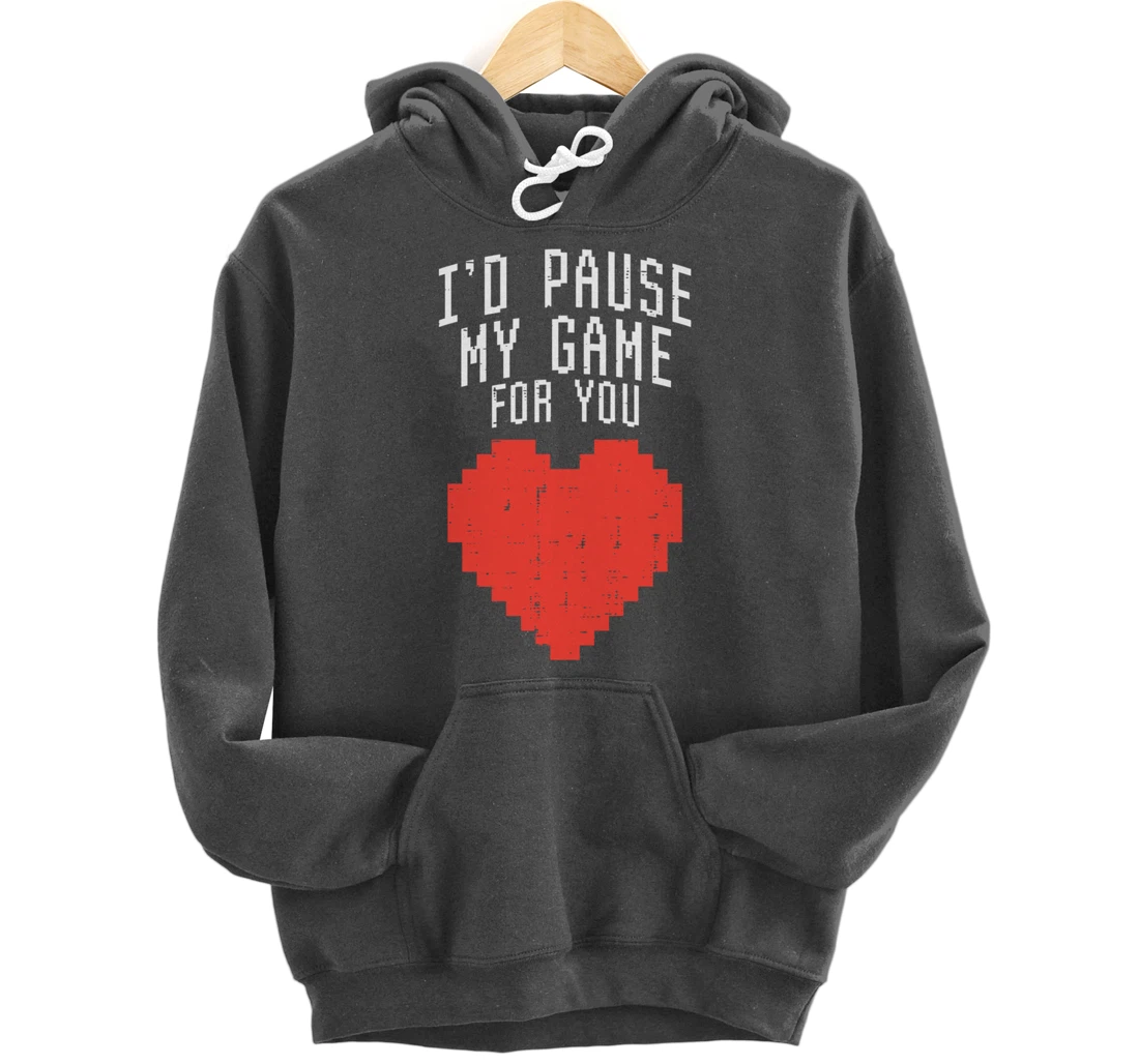Id Pause My Game For You Pixel Heart Mens Valentines Day Boy Pullover Hoodie