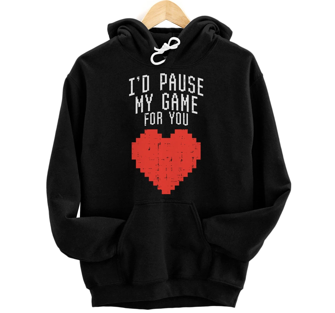 Id Pause My Game For You Pixel Heart Mens Valentines Day Boy Pullover Hoodie