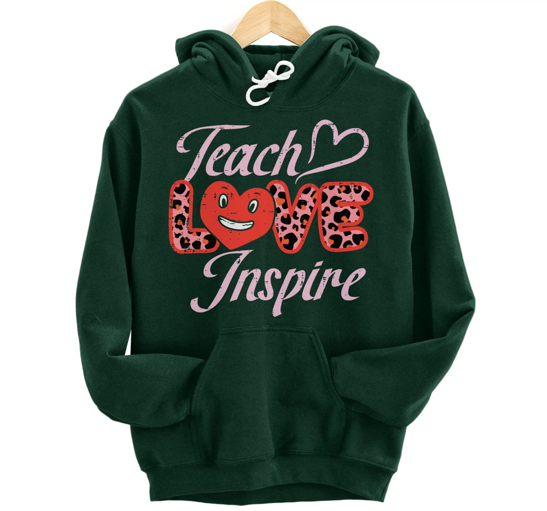 Teach Love Inspire Leopard Teacher Valentines Day Women Pullover Hoodie