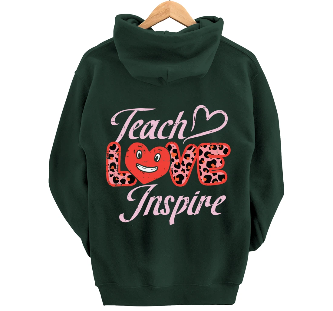 Teach Love Inspire Leopard Teacher Valentines Day Women Pullover Hoodie