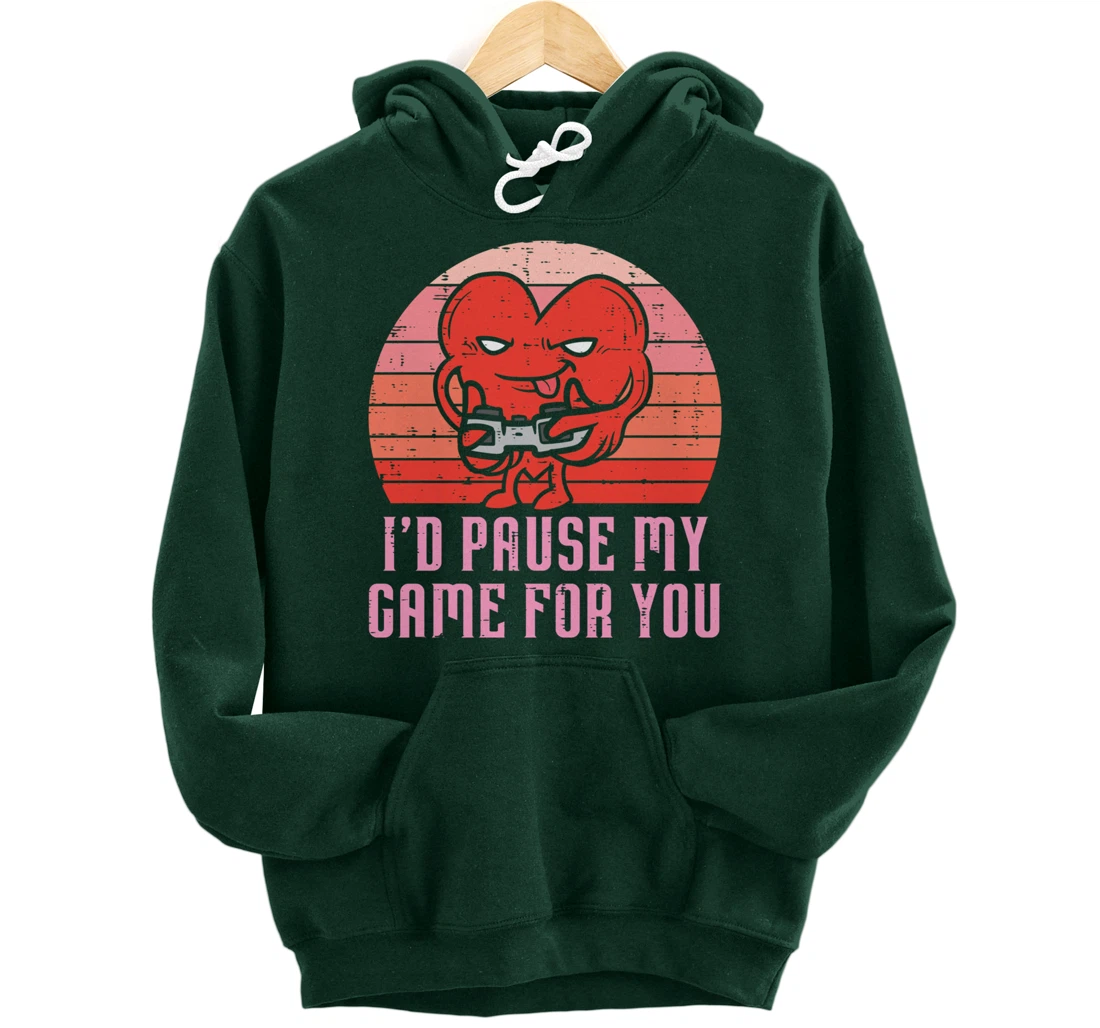 Id Pause My Game For You Gamer Heart Mens Valentines Day Boy Pullover Hoodie