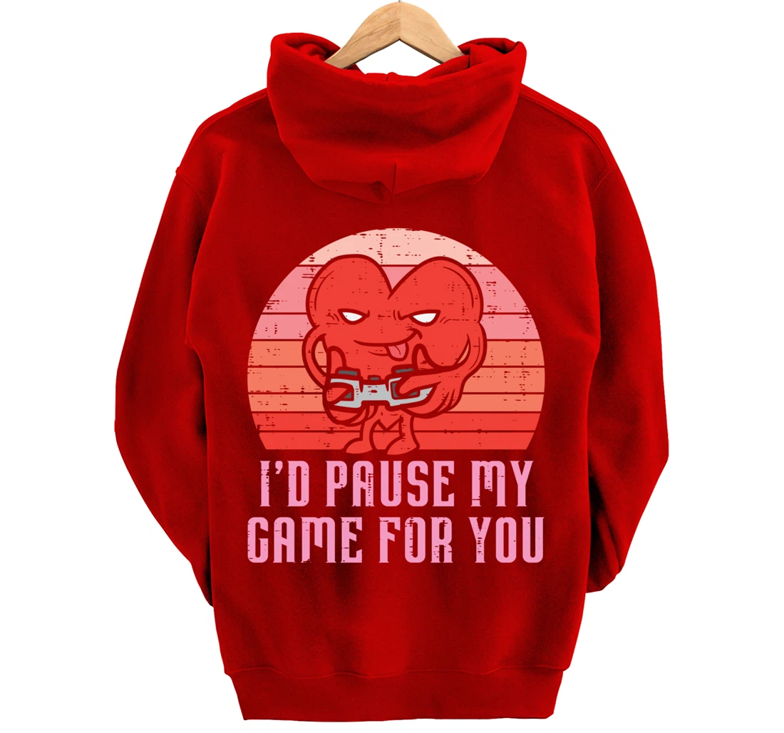 Id Pause My Game For You Gamer Heart Mens Valentines Day Boy Pullover Hoodie