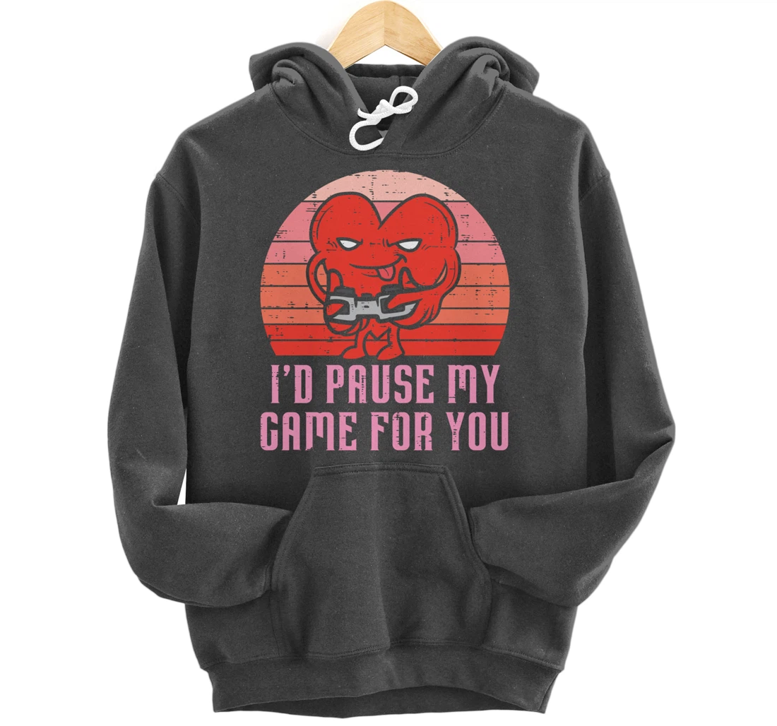 Id Pause My Game For You Gamer Heart Mens Valentines Day Boy Pullover Hoodie
