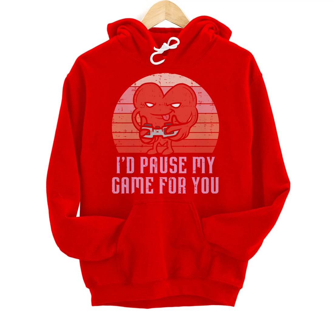 Id Pause My Game For You Gamer Heart Mens Valentines Day Boy Pullover Hoodie