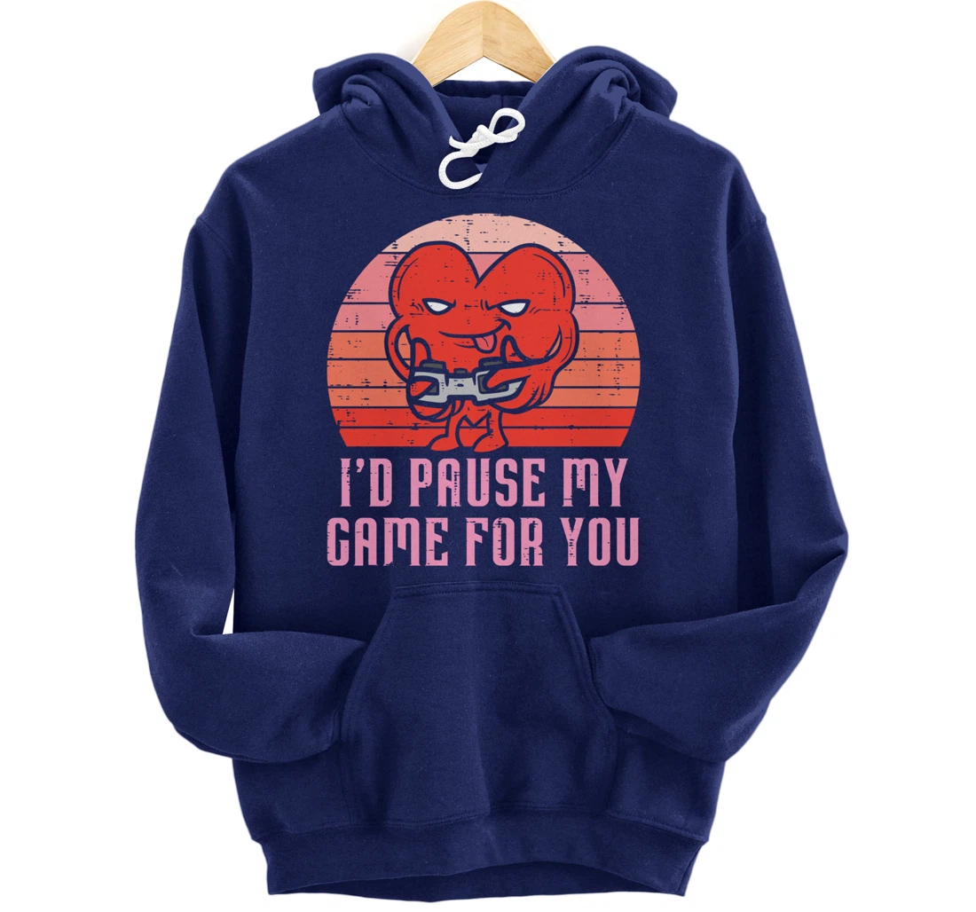 Id Pause My Game For You Gamer Heart Mens Valentines Day Boy Pullover Hoodie