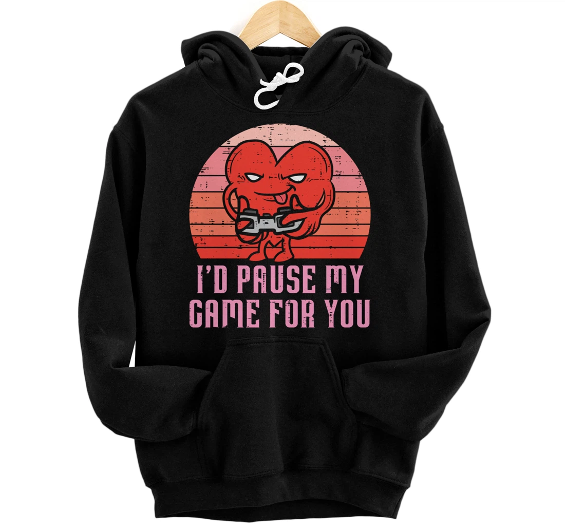 Id Pause My Game For You Gamer Heart Mens Valentines Day Boy Pullover Hoodie
