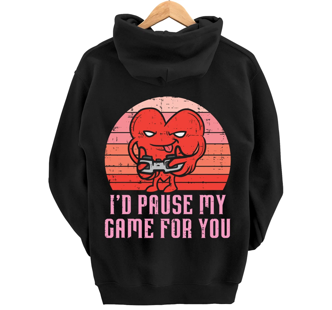 Id Pause My Game For You Gamer Heart Mens Valentines Day Boy Pullover Hoodie