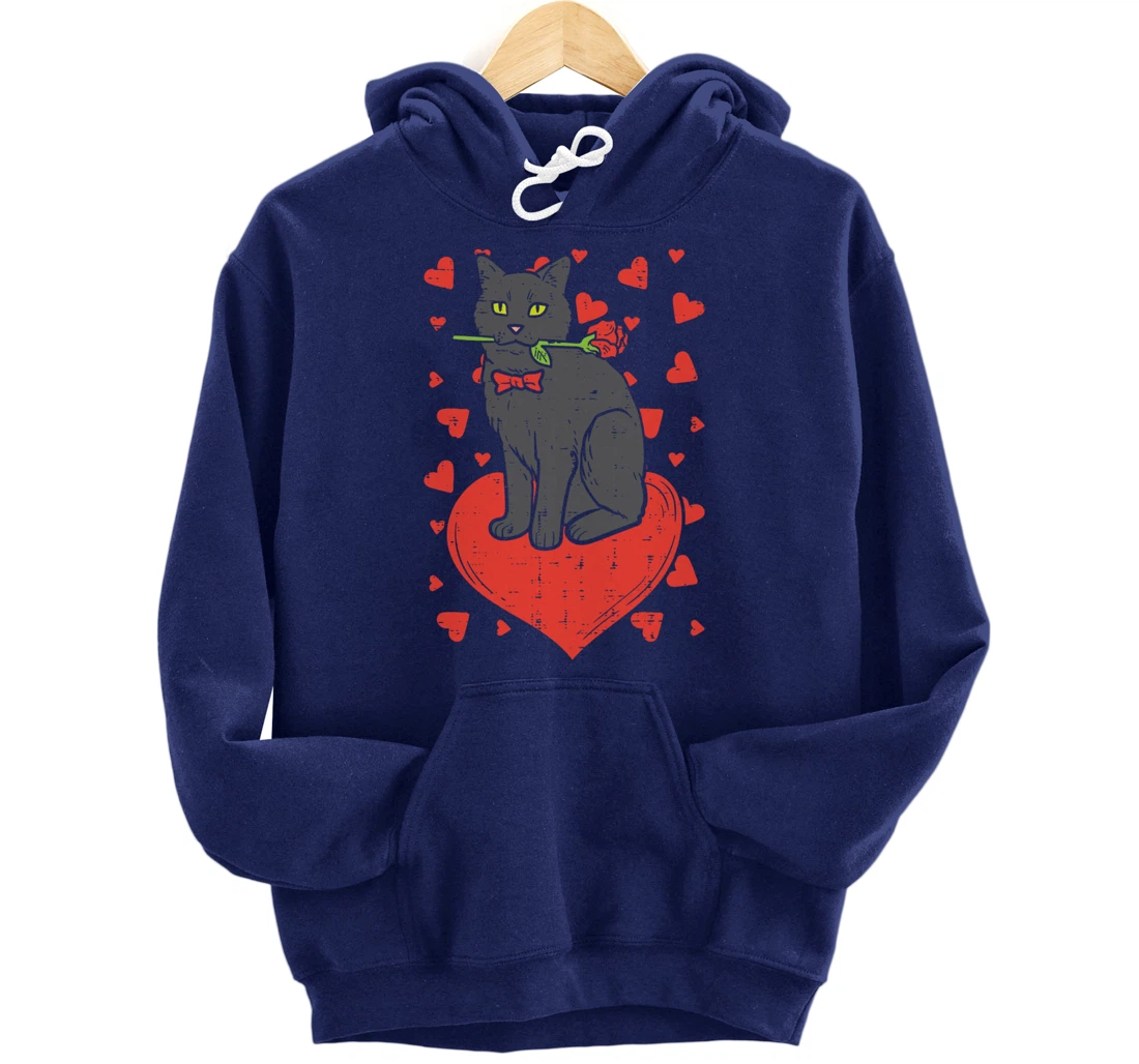 Black Cat Tie Red Rose Heart Cute Valentines Day Pet Women Pullover Hoodie