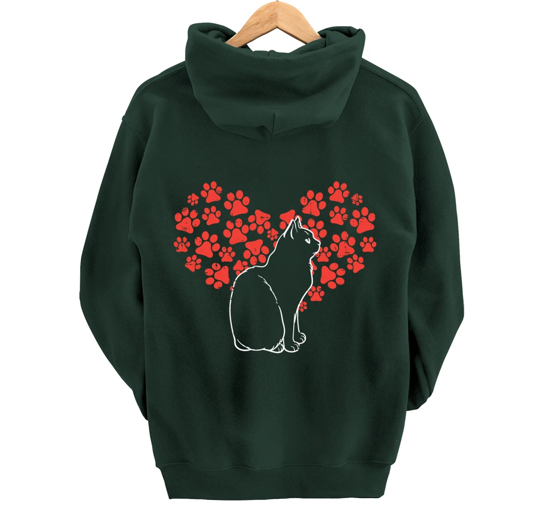 Black Cat Paw Heart Cute Valentines Day Animal Lover Women Pullover Hoodie