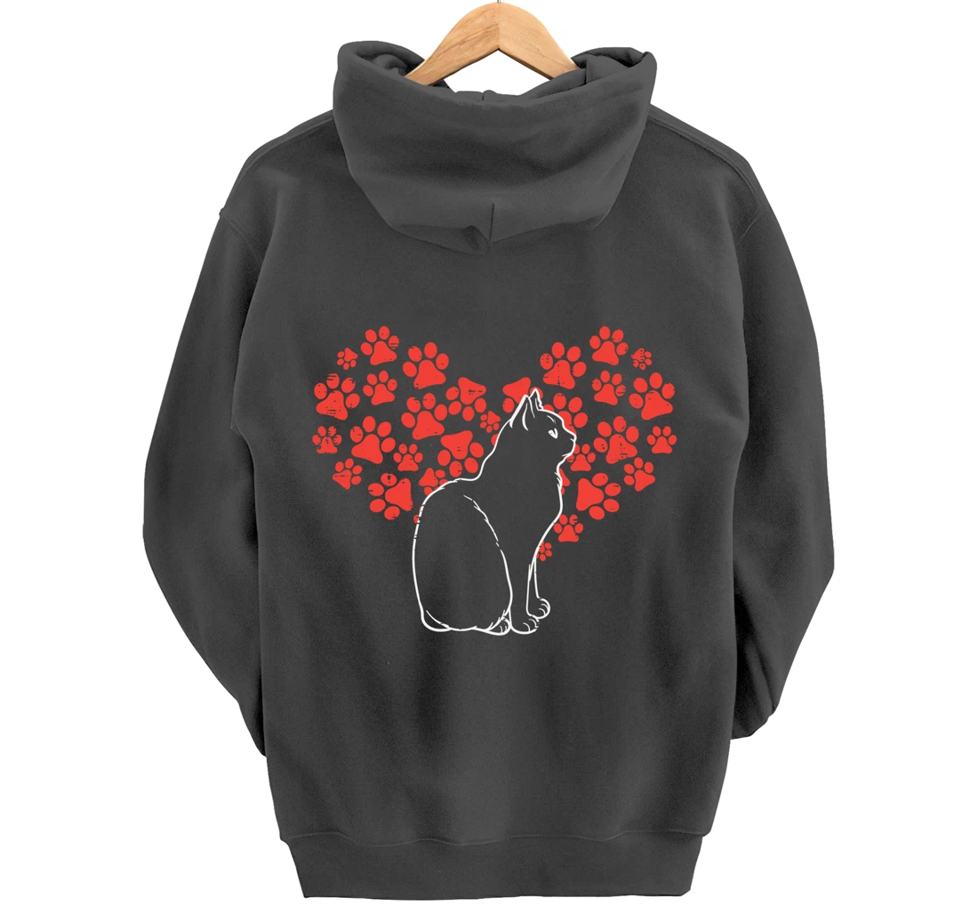 Black Cat Paw Heart Cute Valentines Day Animal Lover Women Pullover Hoodie