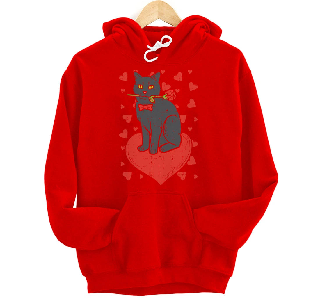 Black Cat Tie Red Rose Heart Cute Valentines Day Pet Women Pullover Hoodie