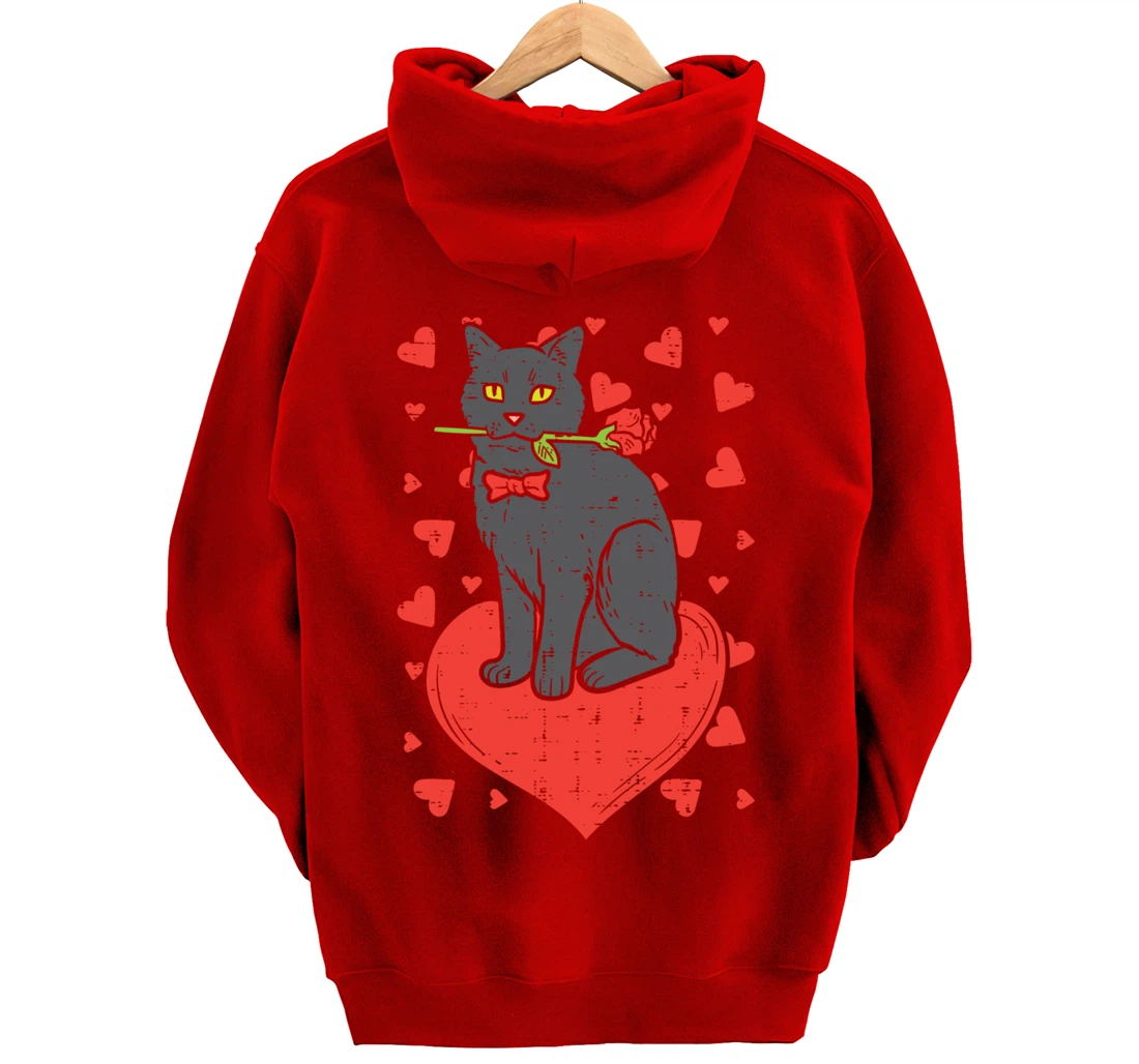 Black Cat Tie Red Rose Heart Cute Valentines Day Pet Women Pullover Hoodie