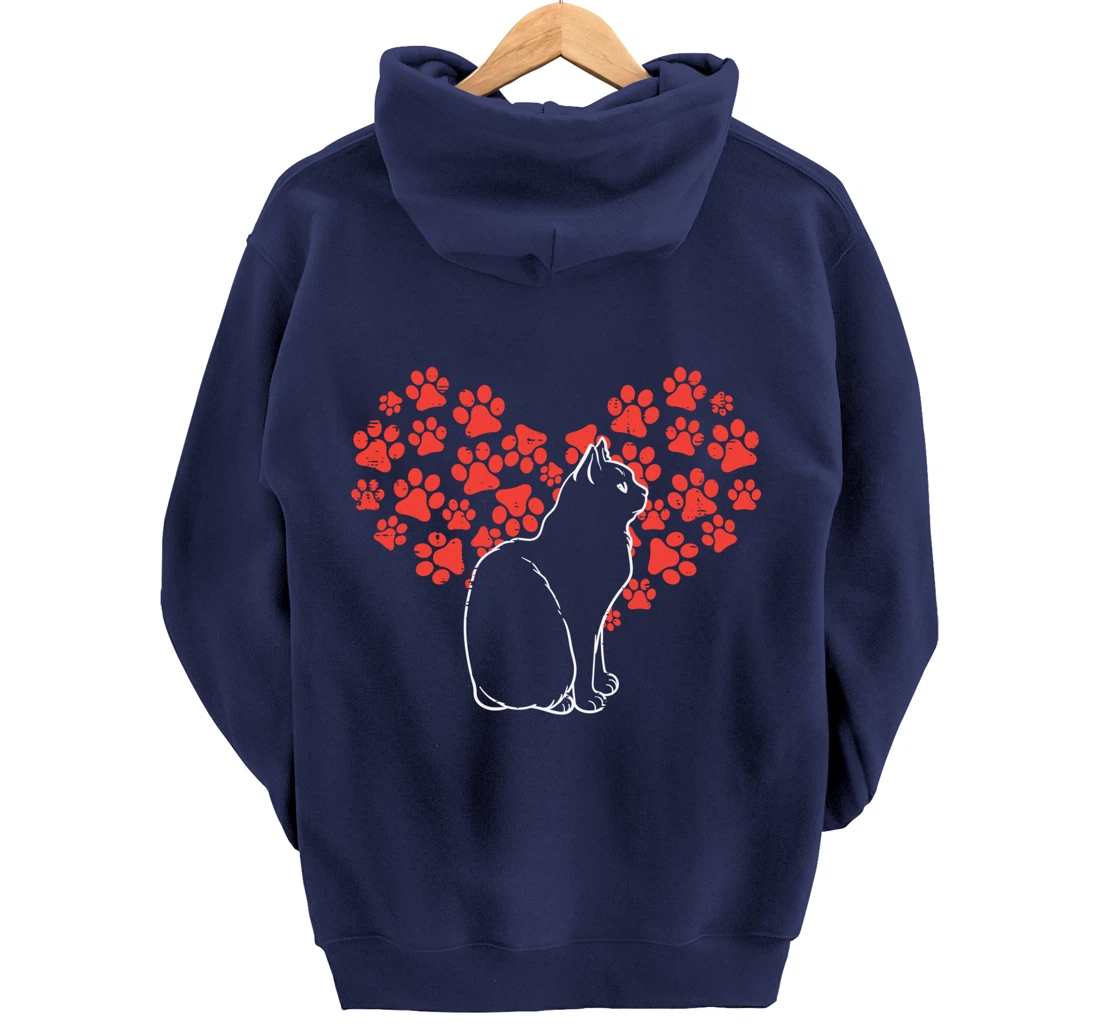 Black Cat Paw Heart Cute Valentines Day Animal Lover Women Pullover Hoodie