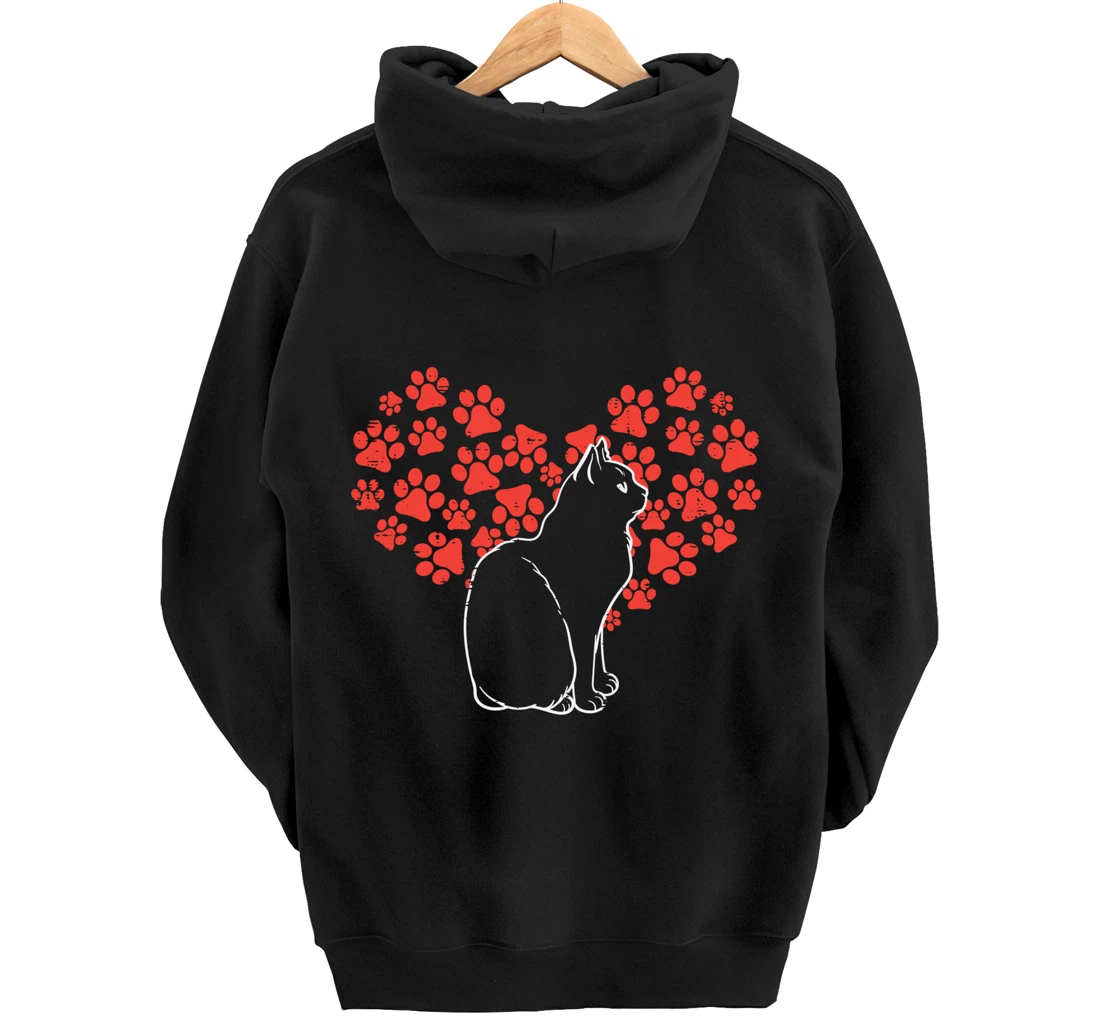 Black Cat Paw Heart Cute Valentines Day Animal Lover Women Pullover Hoodie