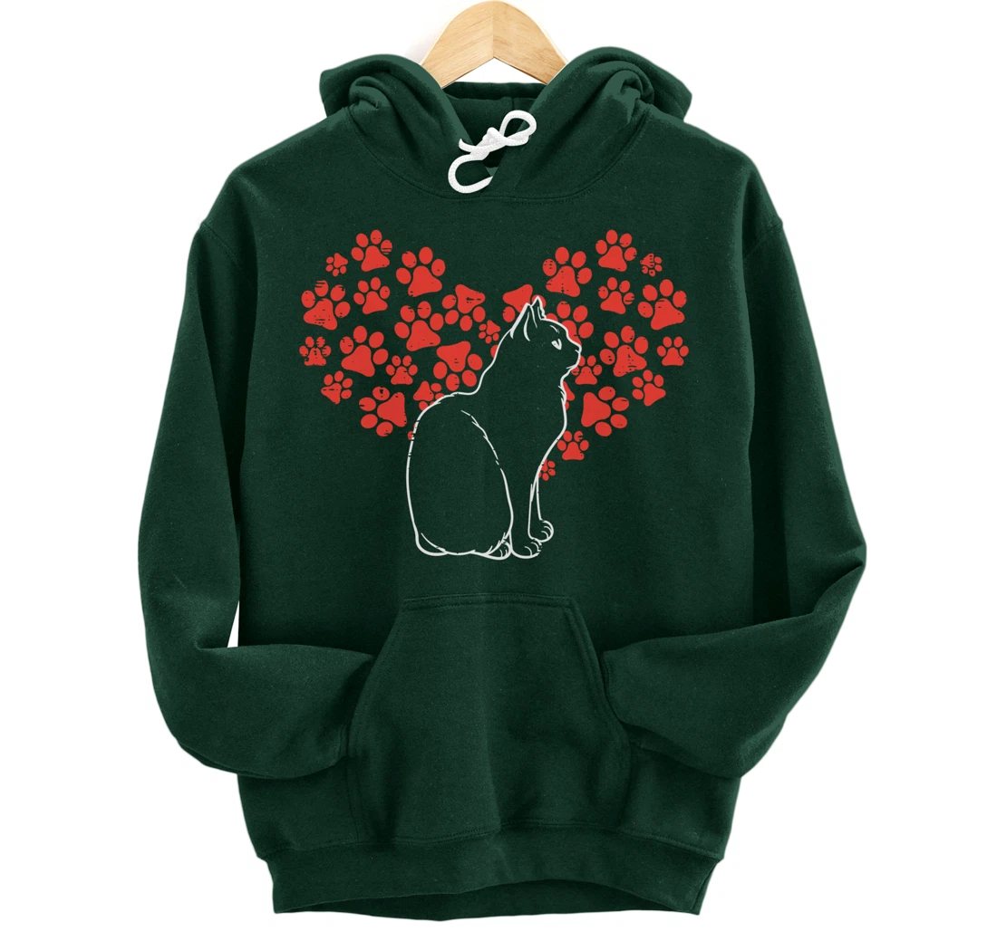 Black Cat Paw Heart Cute Valentines Day Animal Lover Women Pullover Hoodie