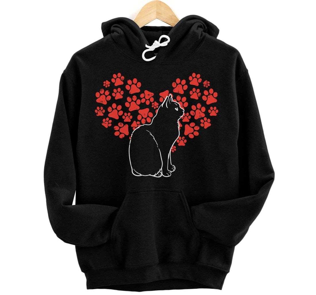 Black Cat Paw Heart Cute Valentines Day Animal Lover Women Pullover Hoodie