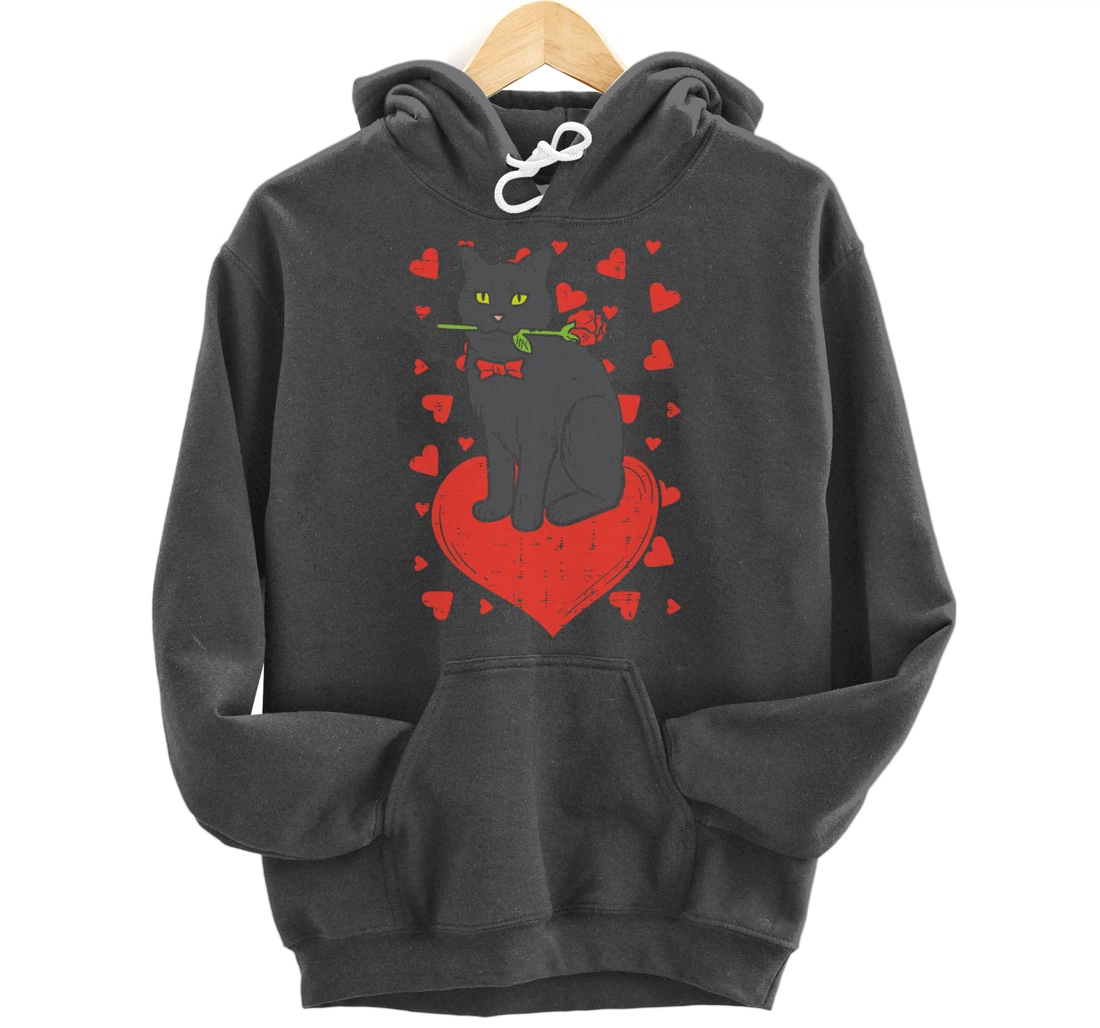 Black Cat Tie Red Rose Heart Cute Valentines Day Pet Women Pullover Hoodie