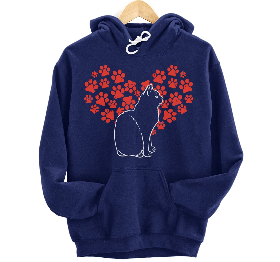 Black Cat Paw Heart Cute Valentines Day Animal Lover Women Pullover Hoodie