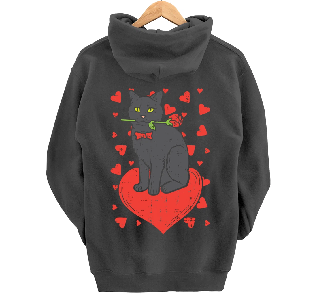 Black Cat Tie Red Rose Heart Cute Valentines Day Pet Women Pullover Hoodie