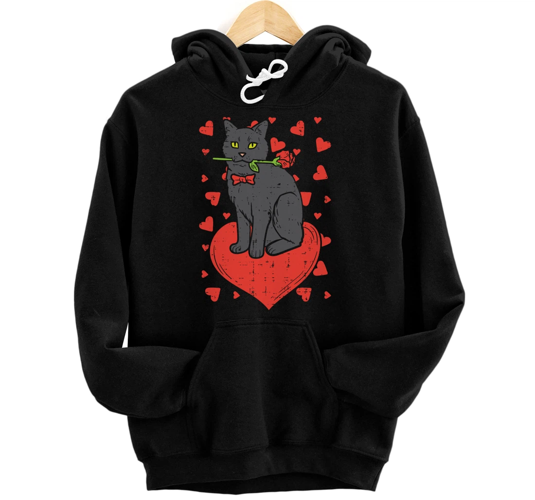 Black Cat Tie Red Rose Heart Cute Valentines Day Pet Women Pullover Hoodie