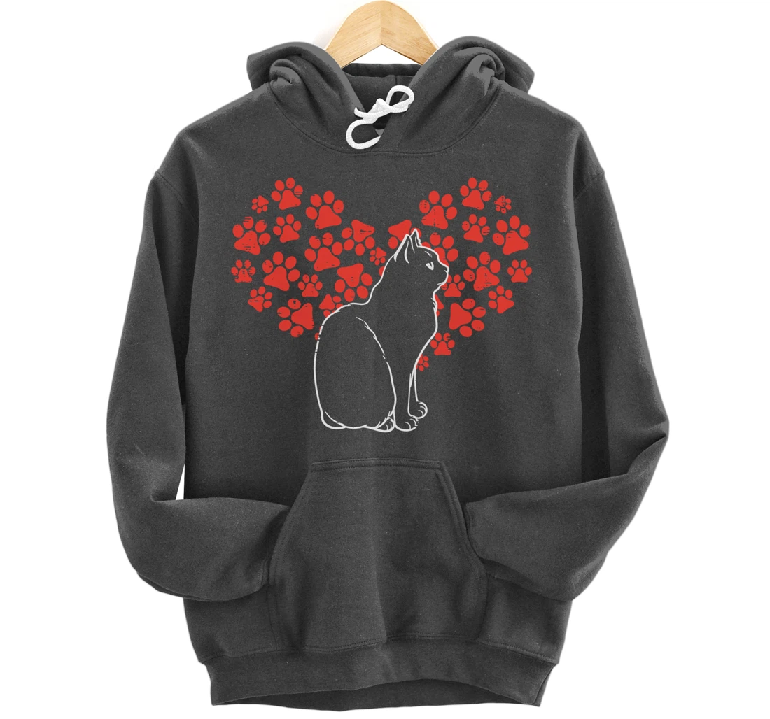 Black Cat Paw Heart Cute Valentines Day Animal Lover Women Pullover Hoodie
