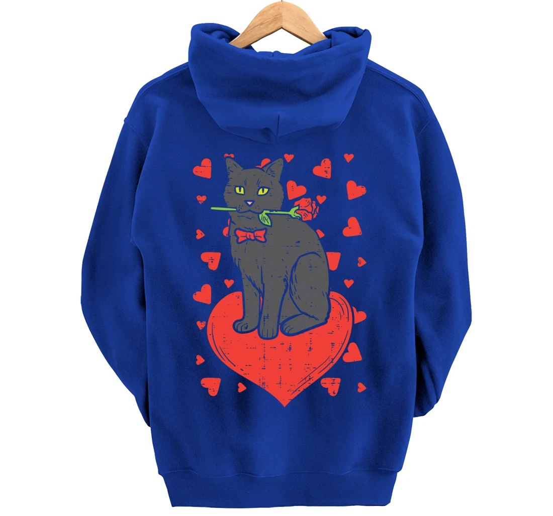 Black Cat Tie Red Rose Heart Cute Valentines Day Pet Women Pullover Hoodie