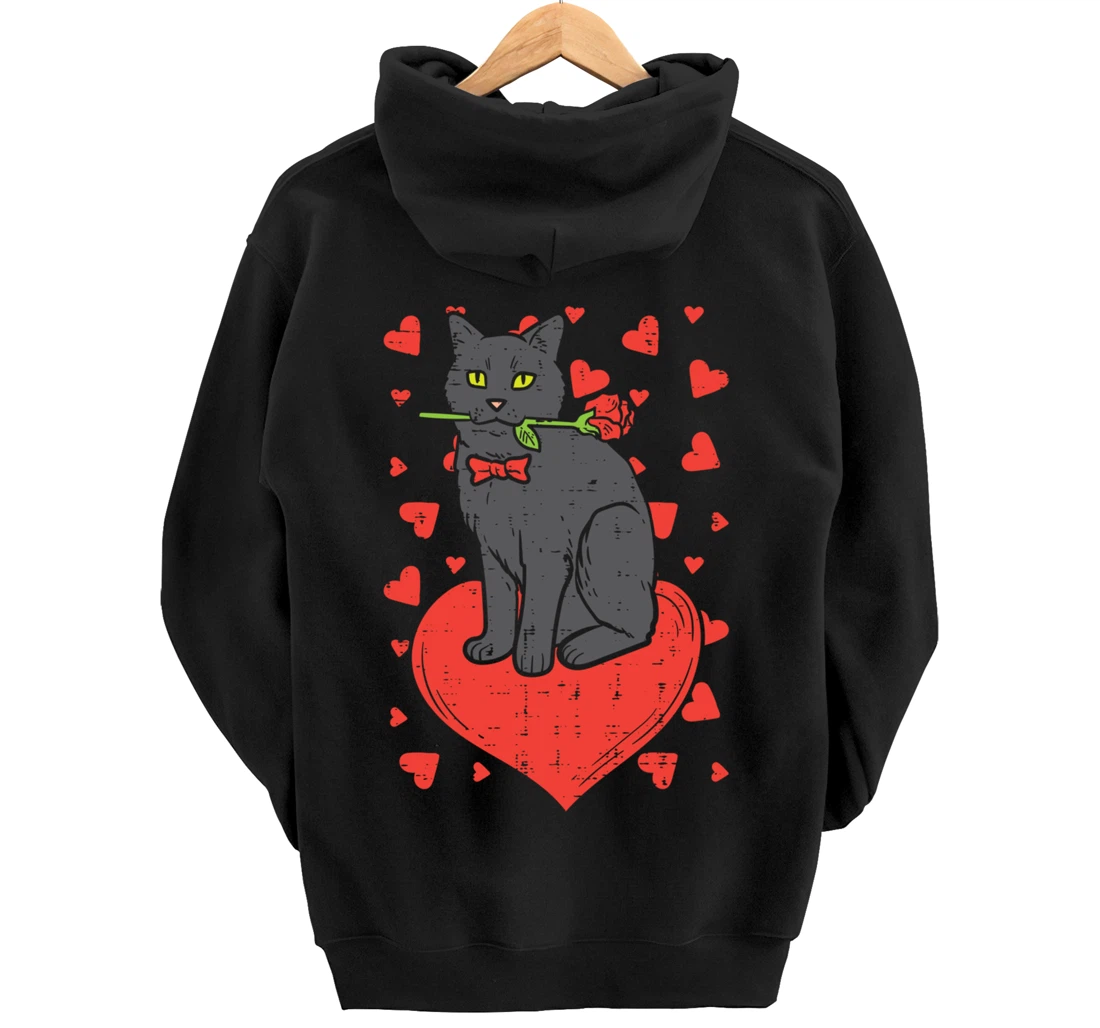 Black Cat Tie Red Rose Heart Cute Valentines Day Pet Women Pullover Hoodie