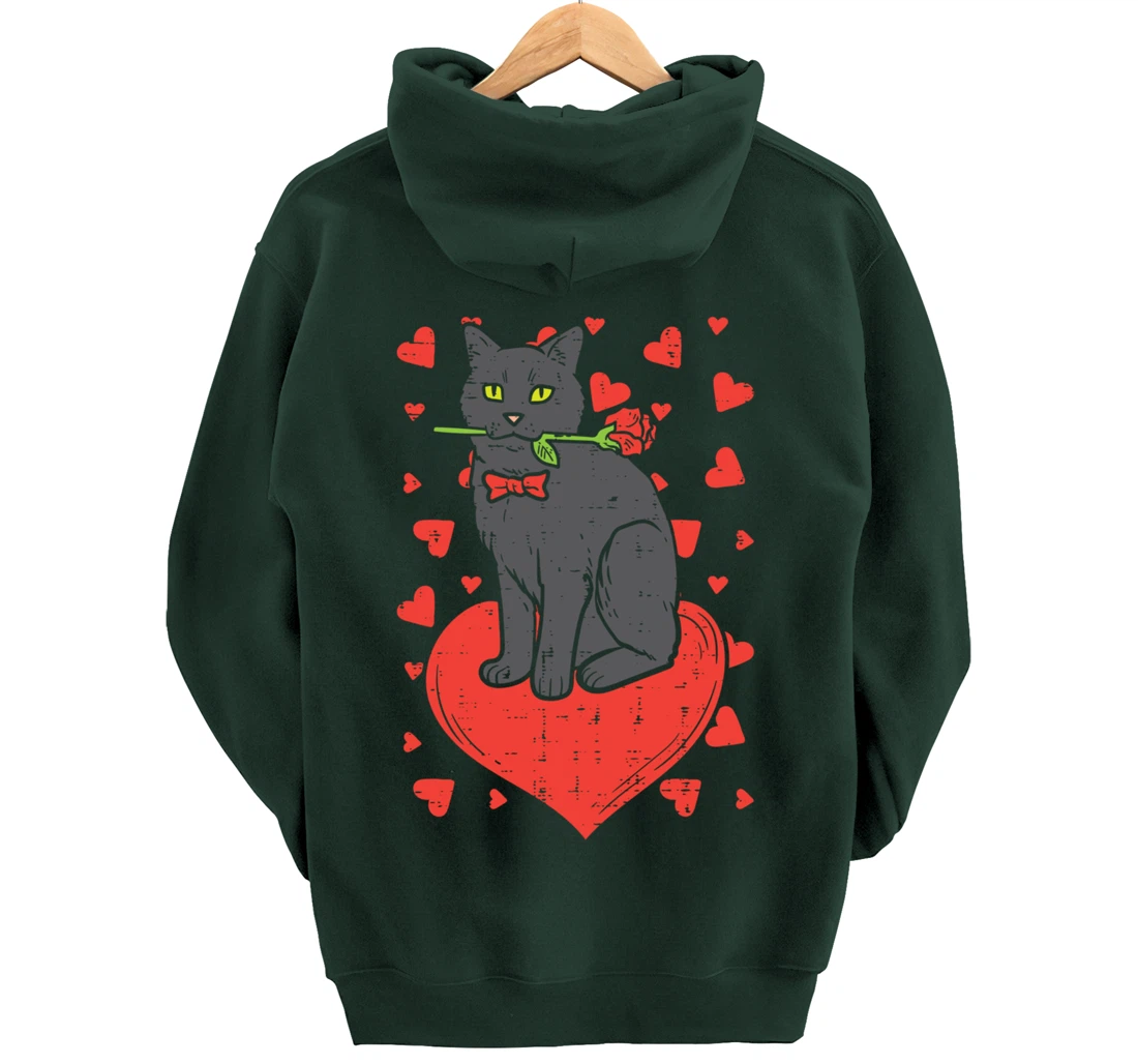 Black Cat Tie Red Rose Heart Cute Valentines Day Pet Women Pullover Hoodie