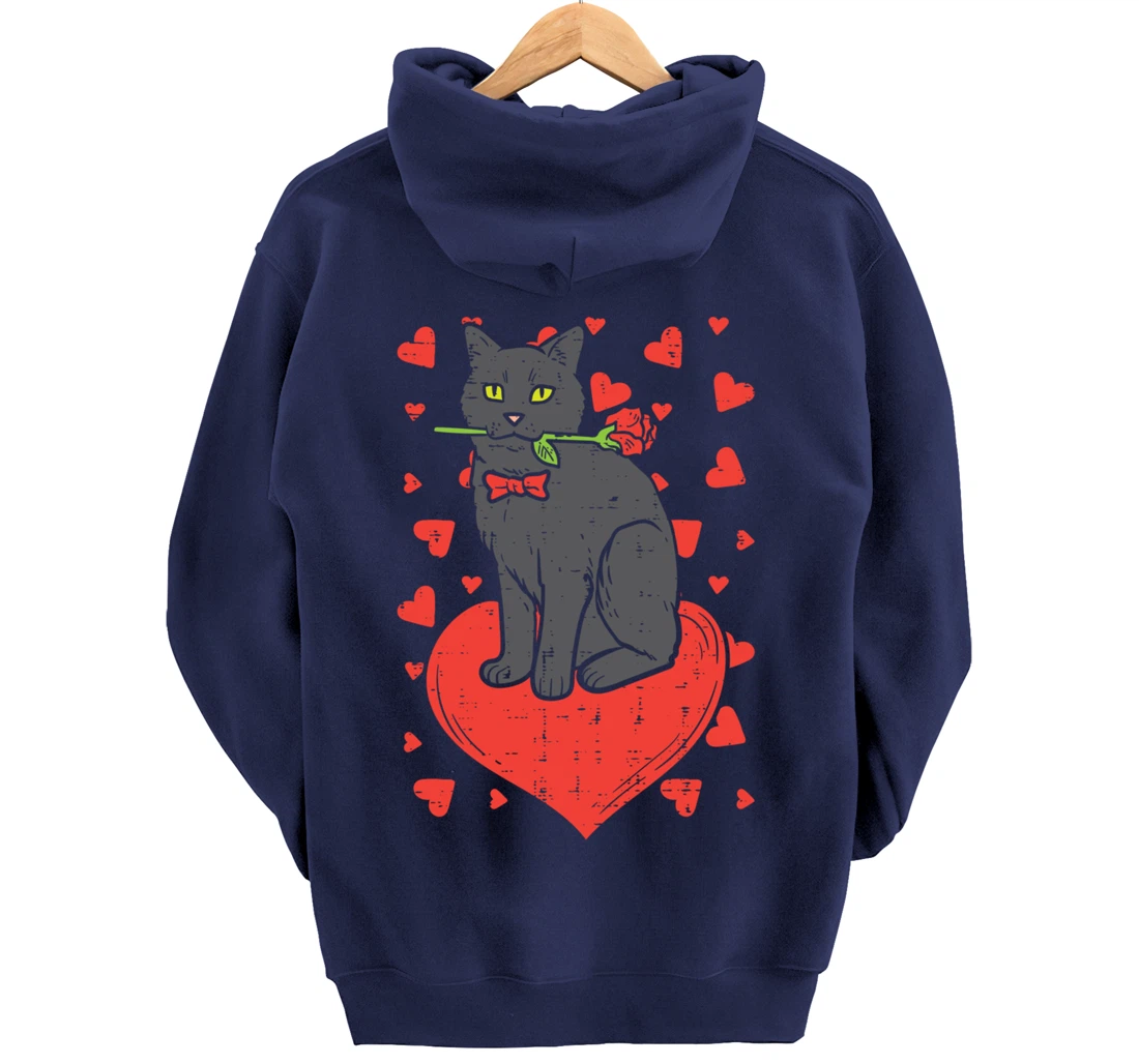 Black Cat Tie Red Rose Heart Cute Valentines Day Pet Women Pullover Hoodie