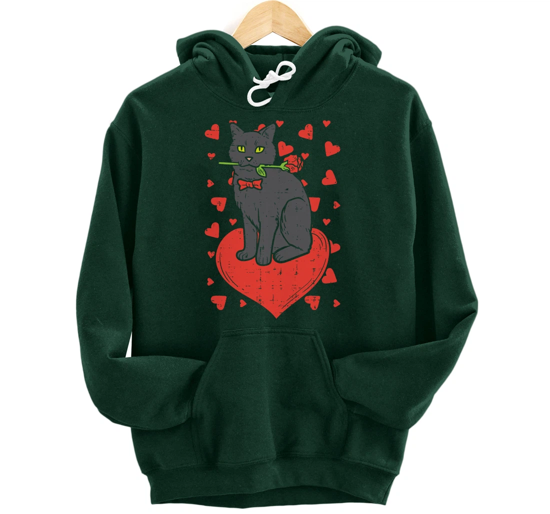 Black Cat Tie Red Rose Heart Cute Valentines Day Pet Women Pullover Hoodie