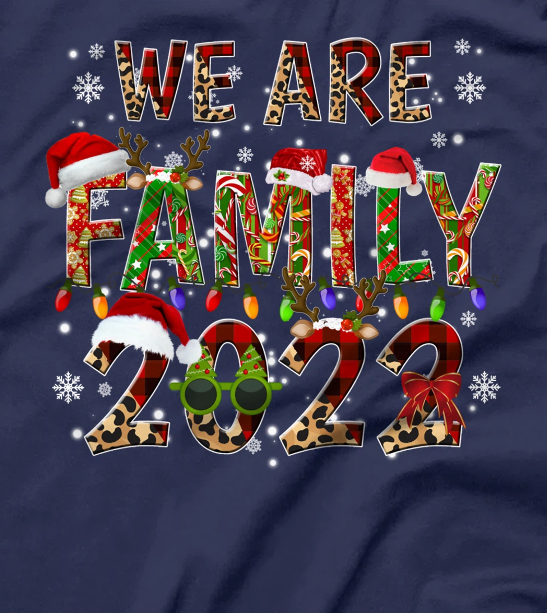 Leopard Buffalo Plaid Christmas We Are Family 2022 Cute Xmas T-Shirt