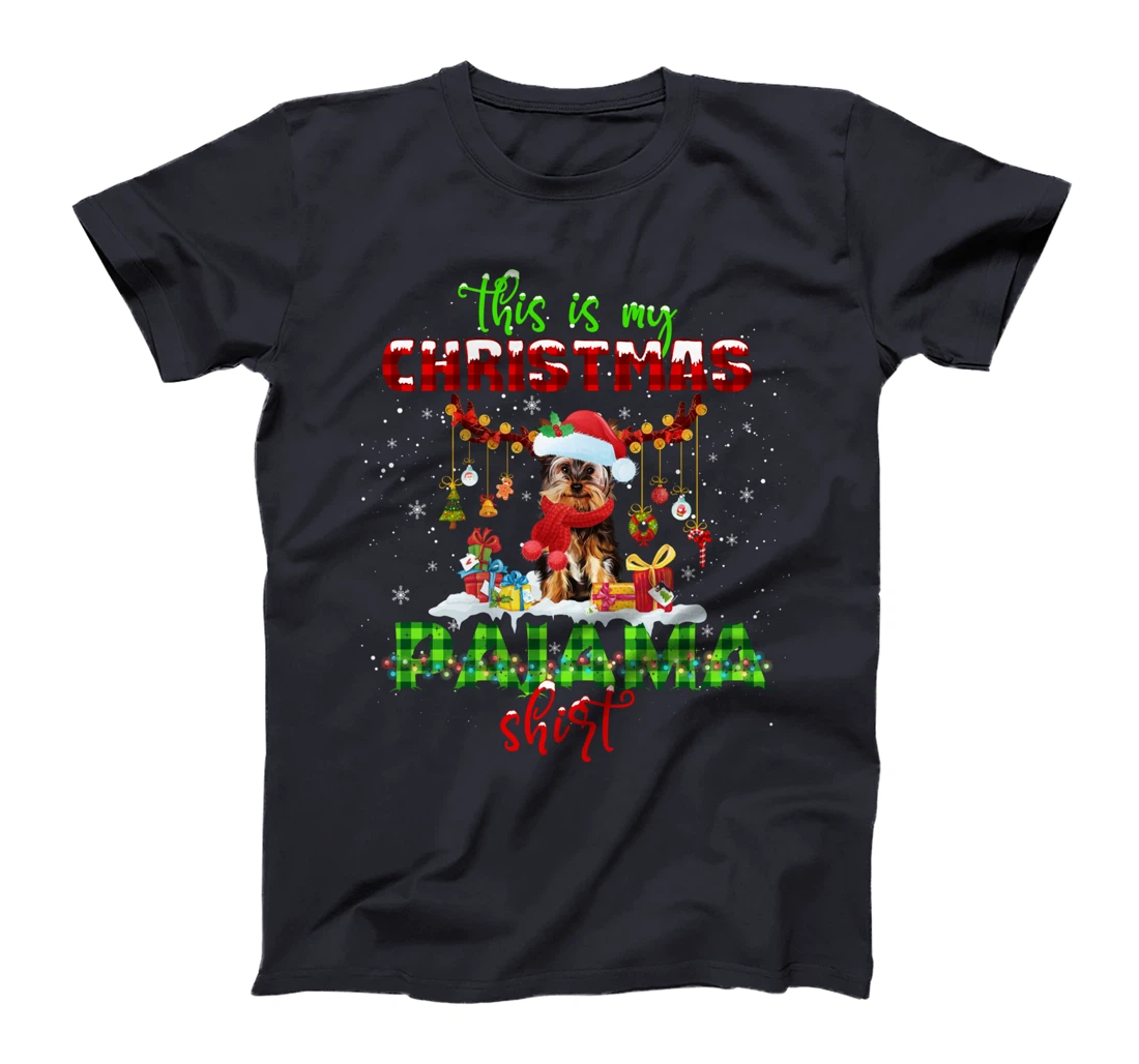 This Is My Christmas Pajama Shirt Yorkie Santa Hat Lights T-Shirt