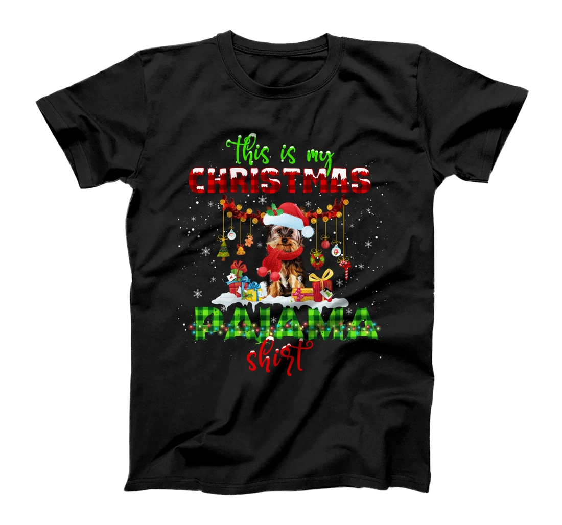 This Is My Christmas Pajama Shirt Yorkie Santa Hat Lights T-Shirt