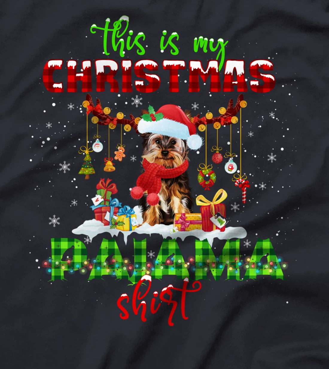 This Is My Christmas Pajama Shirt Yorkie Santa Hat Lights T-Shirt