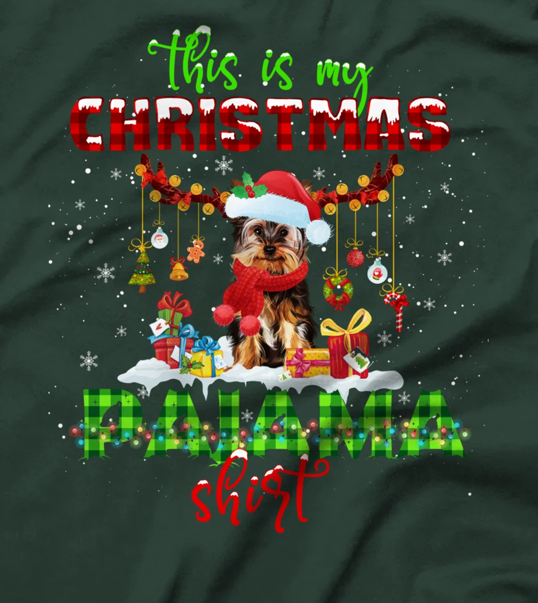 This Is My Christmas Pajama Shirt Yorkie Santa Hat Lights T-Shirt