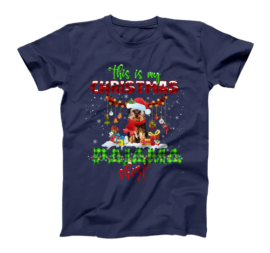 This Is My Christmas Pajama Shirt Yorkie Santa Hat Lights T-Shirt
