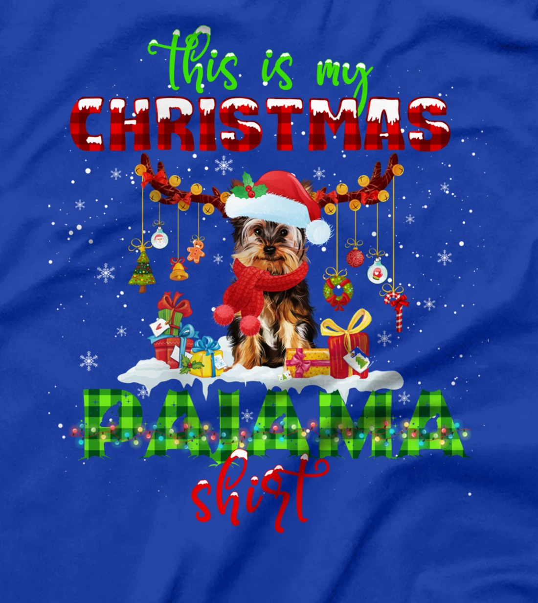 This Is My Christmas Pajama Shirt Yorkie Santa Hat Lights T-Shirt