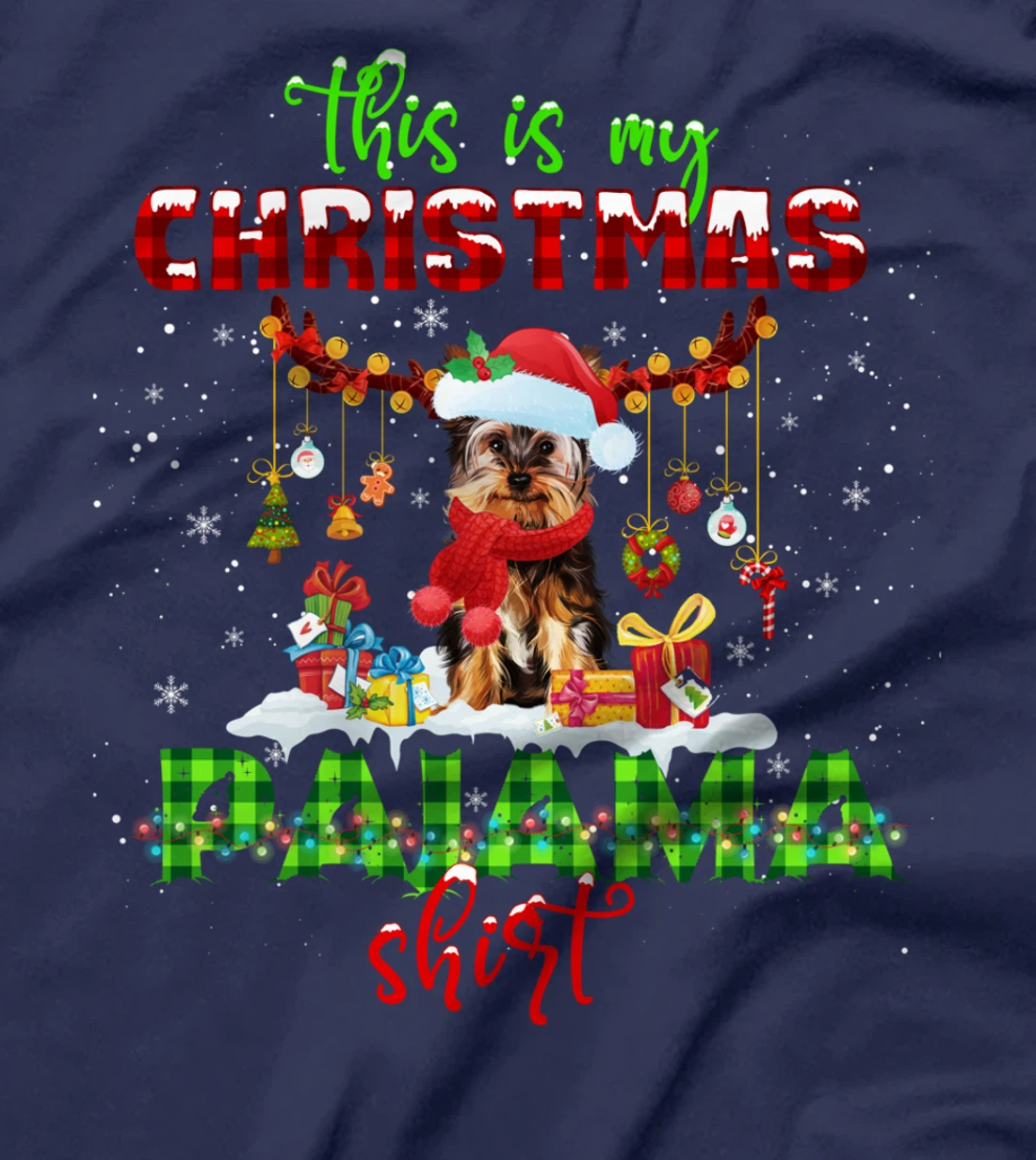 This Is My Christmas Pajama Shirt Yorkie Santa Hat Lights T-Shirt