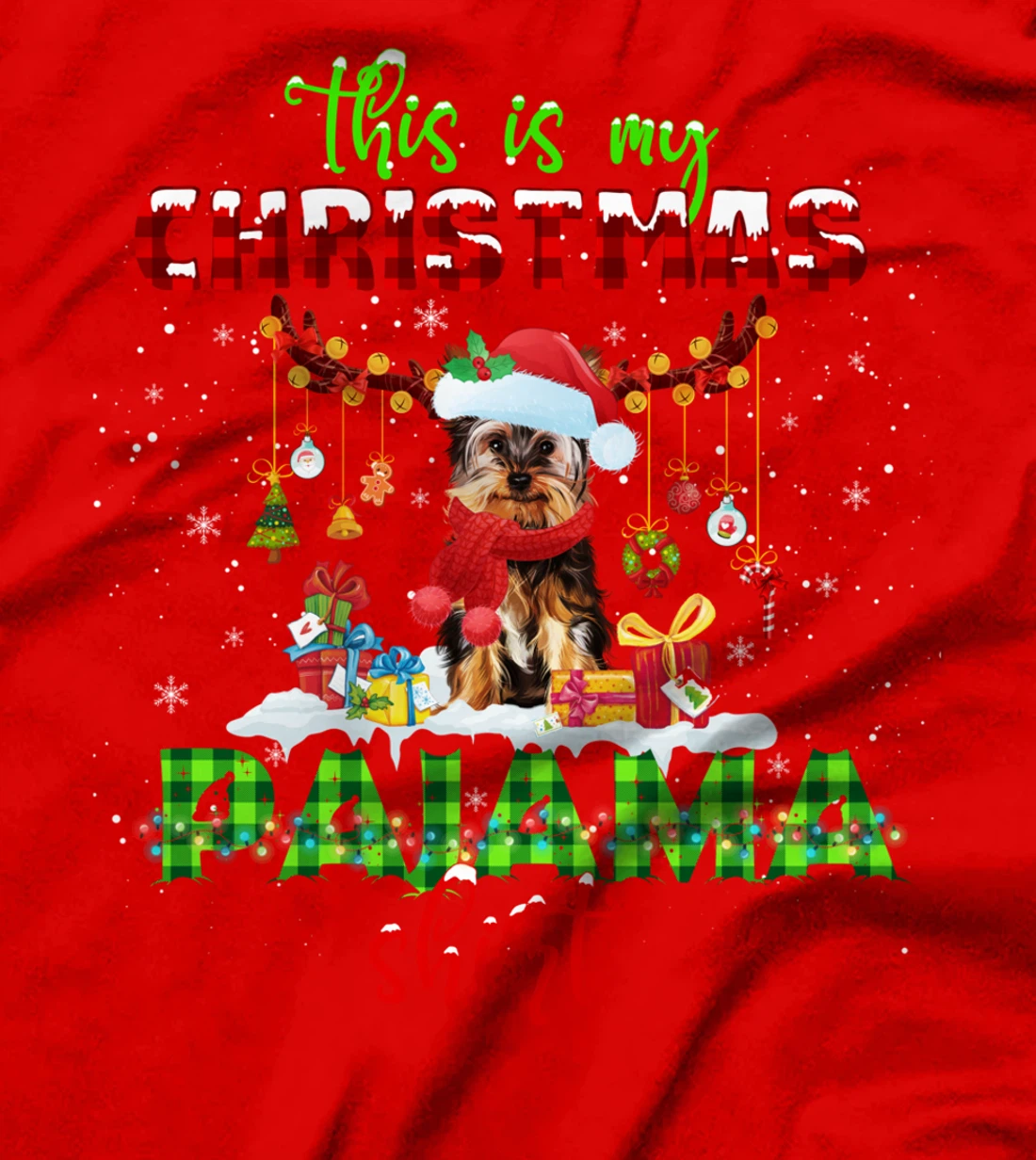 This Is My Christmas Pajama Shirt Yorkie Santa Hat Lights T-Shirt