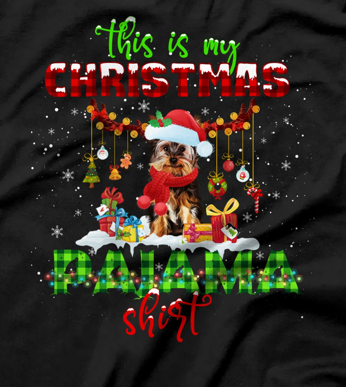 This Is My Christmas Pajama Shirt Yorkie Santa Hat Lights T-Shirt