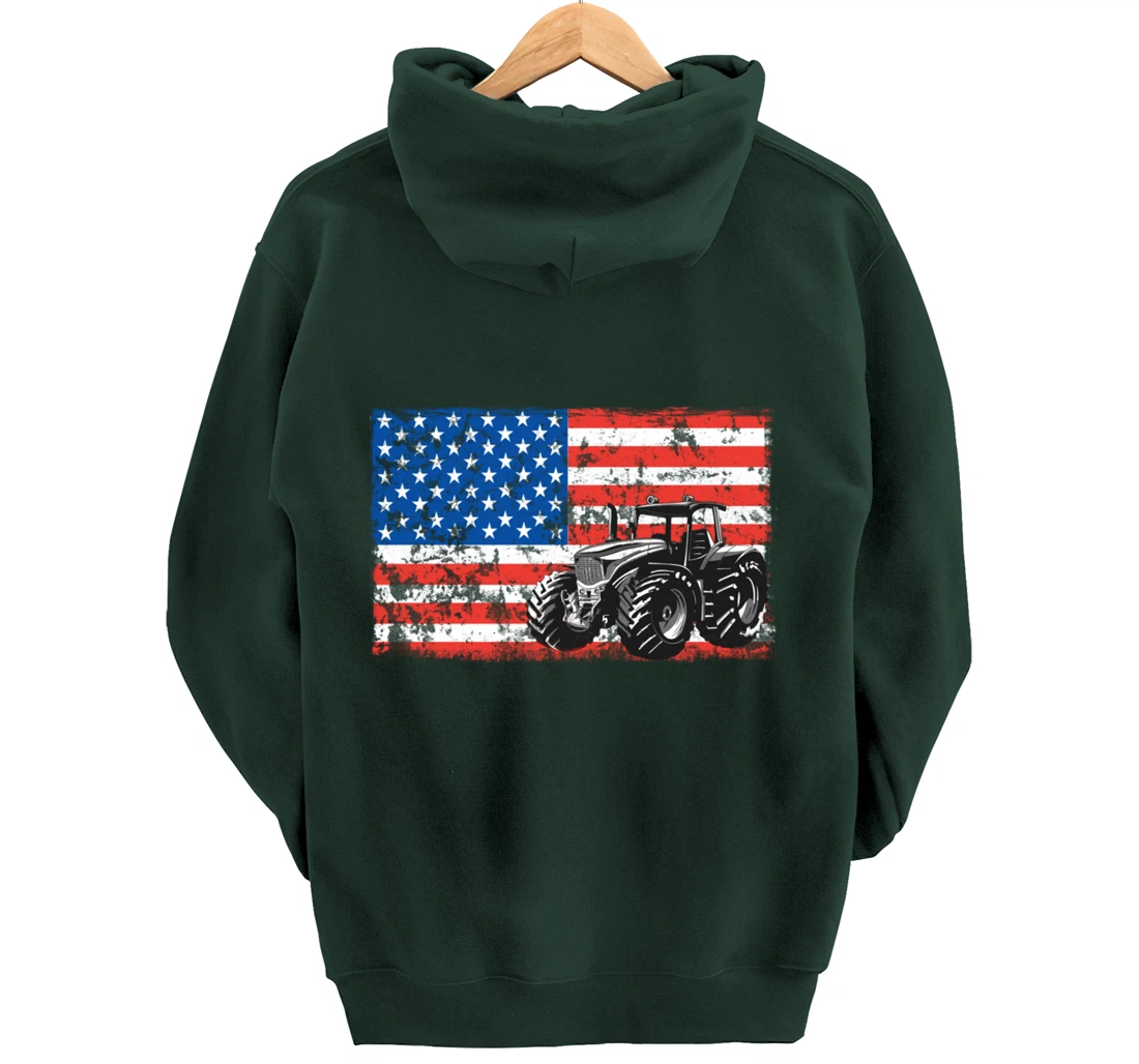 Farm Tractors USA Flag Patriotic Farming Gift Pullover Hoodie