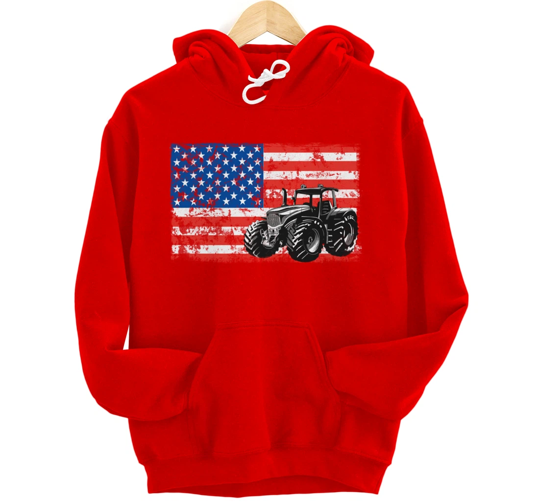Farm Tractors USA Flag Patriotic Farming Gift Pullover Hoodie