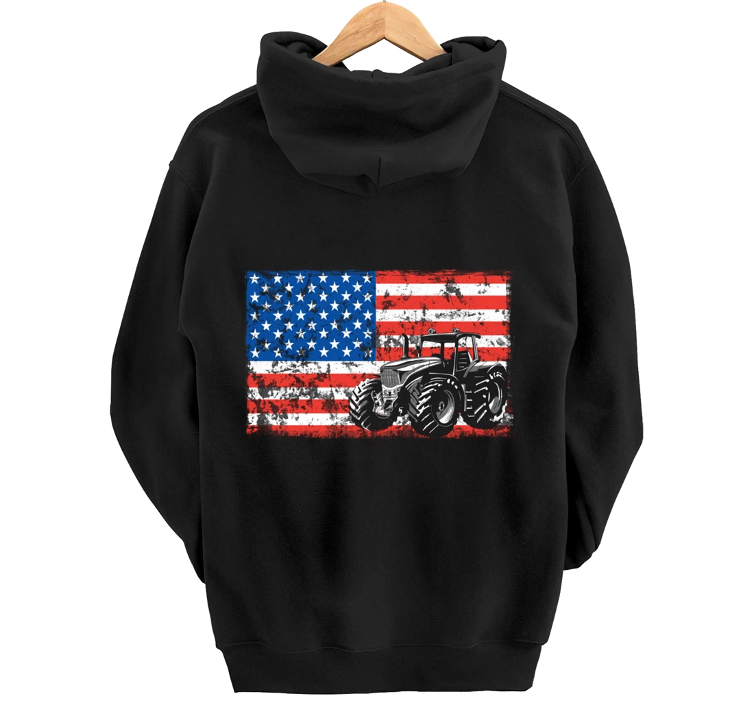 Farm Tractors USA Flag Patriotic Farming Gift Pullover Hoodie