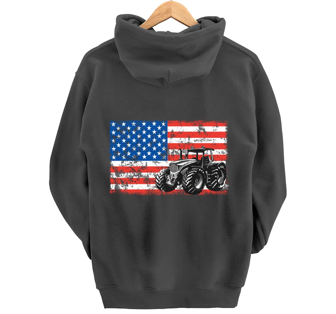 Farm Tractors USA Flag Patriotic Farming Gift Pullover Hoodie