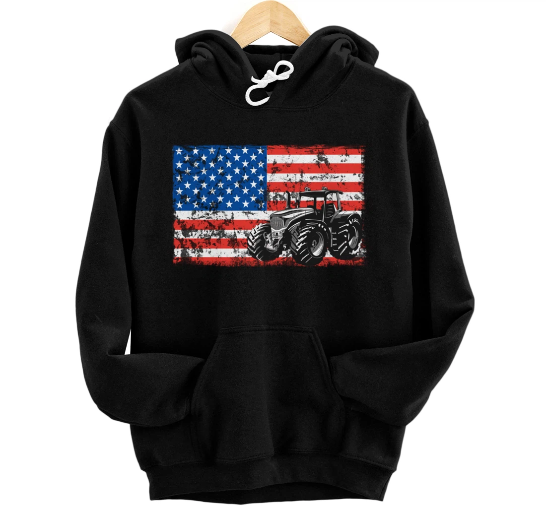 Farm Tractors USA Flag Patriotic Farming Gift Pullover Hoodie