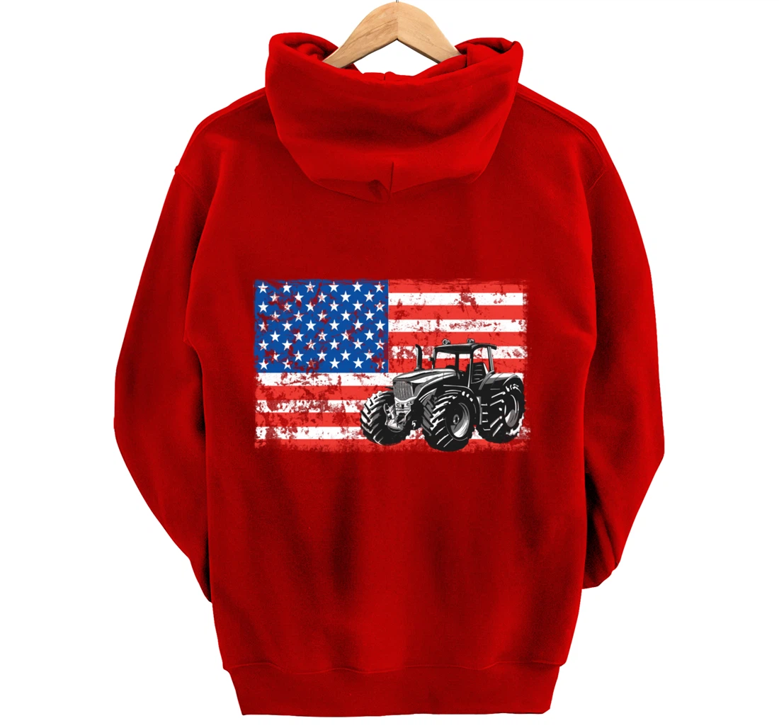 Farm Tractors USA Flag Patriotic Farming Gift Pullover Hoodie