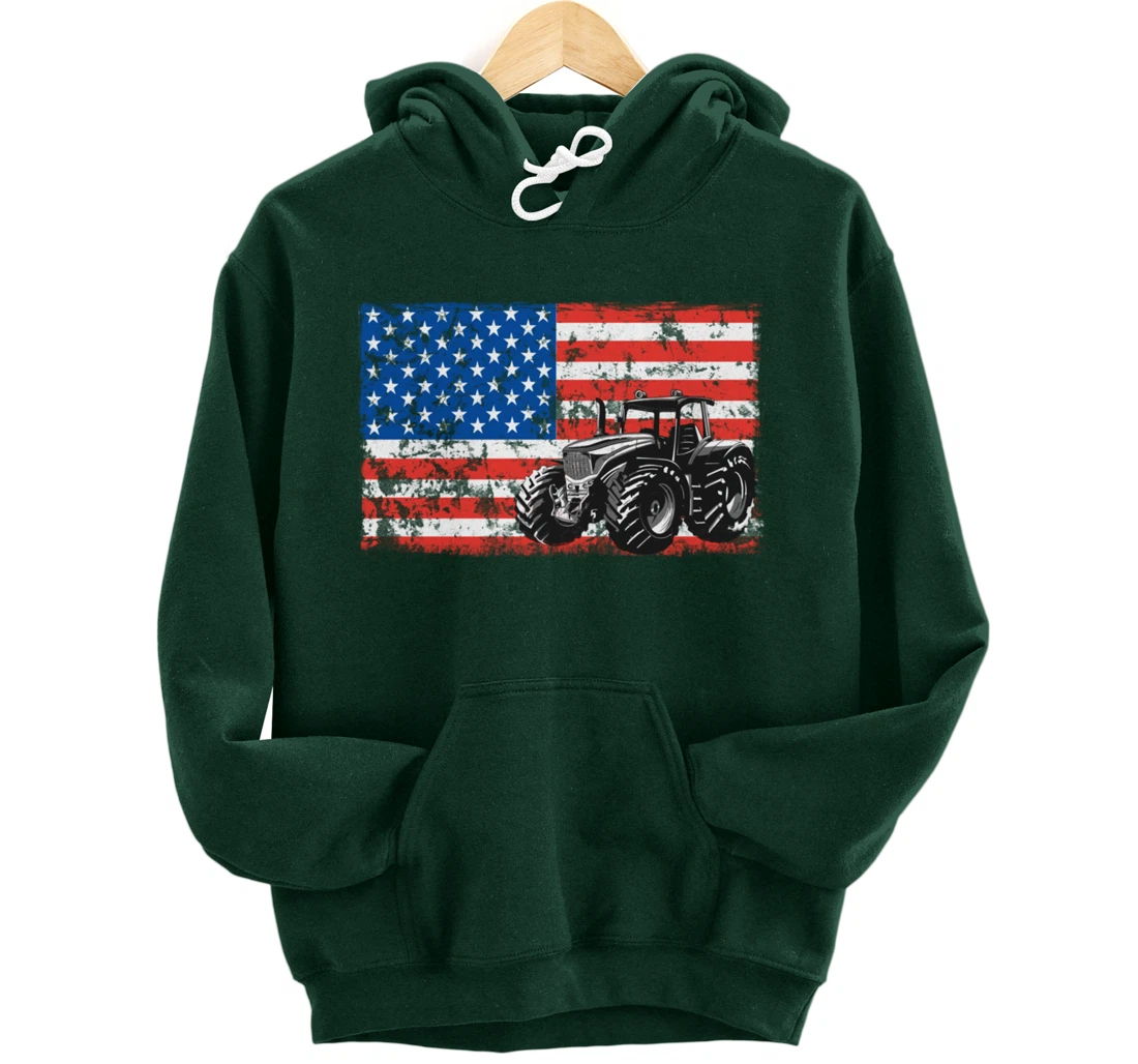 Farm Tractors USA Flag Patriotic Farming Gift Pullover Hoodie